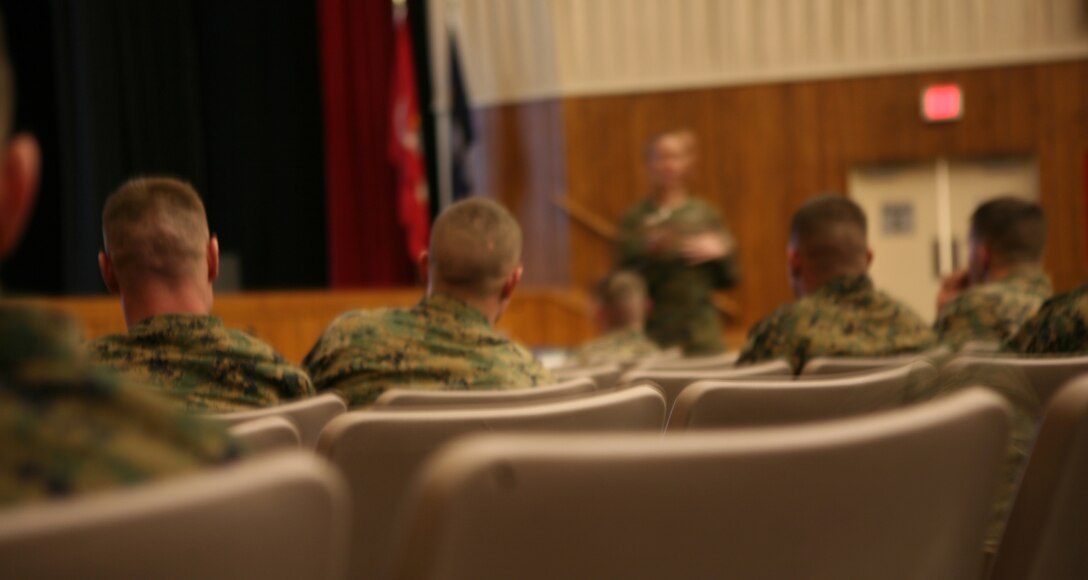 Noncommissioned officers with Maintenance Battalion, 2nd Marine Logistics Group, watch The Pacific at the Base Theater aboard Camp Lejeune, N.C., Feb. 9, 2011. During the PME, sergeants and corporals gathered during their lunch break to discuss how the past was both different and similar to today’s Marines. Among the topics were leadership, patience and the ways wars were fought back then in comparison to today’s engagements. (U.S. Marine Corps photo by Pfc. Franklin E. Mercado)
