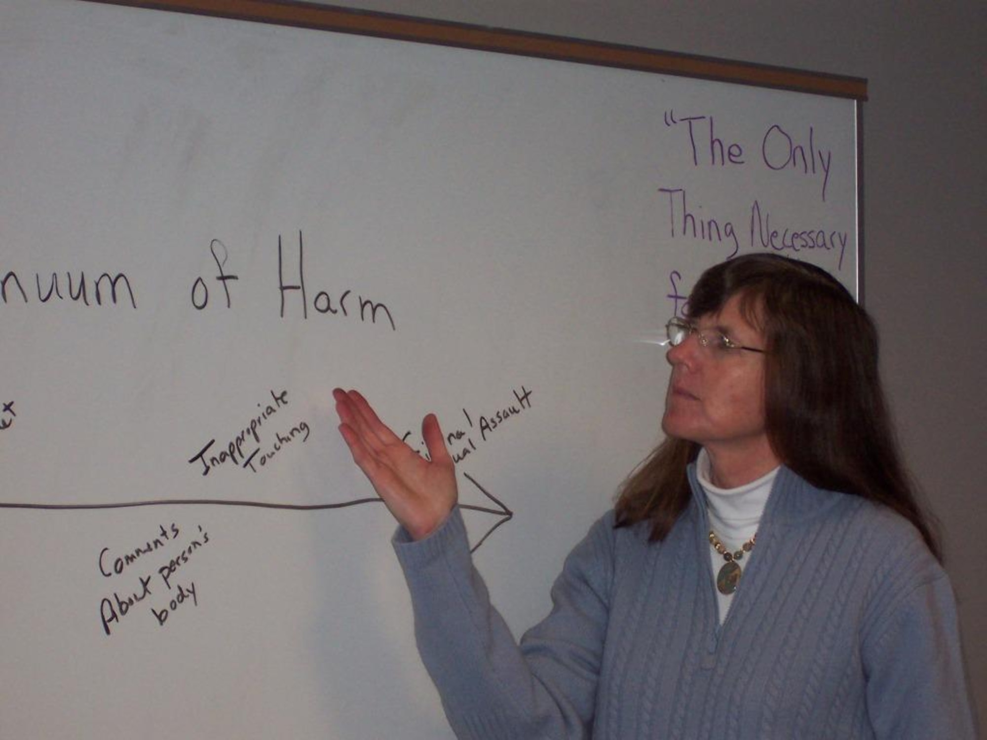 Jeanine Arnold, 21st SW SARC discusses the Continuum of Harm in Bystander Intervention Training. (Courtesy photo )
