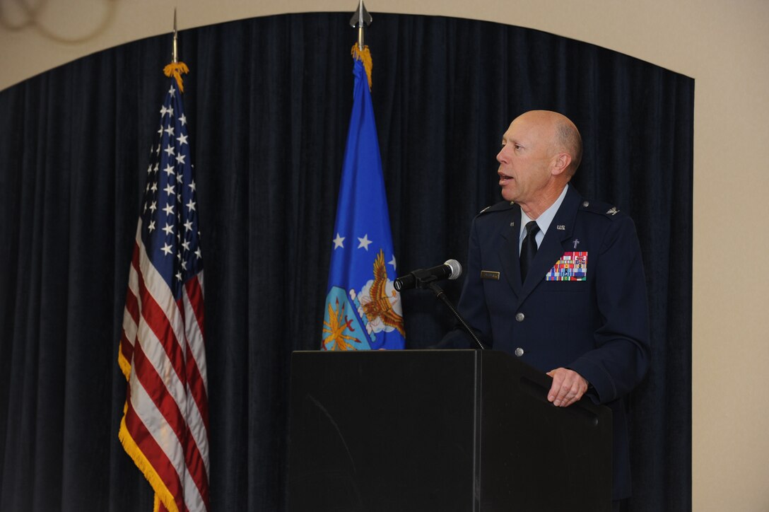 Chaplain, (Col.) Howard Stendahl, Air Combat Command command chaplain and former 28th Bomb Wing chaplain, speaks about the soul of our Airmen during the National Prayer Luncheon at Ellsworth Air Force Base, S.D., Feb. 8, 2011. Chaplain Stendahl spoke about how honored he feels to work with them. (U.S. Air Force photo/Master Sgt. Loren Bonser)
