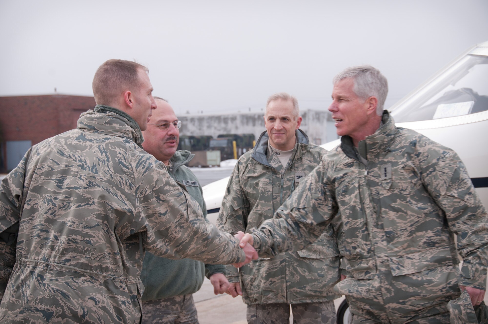 CAPE COD COAST GUARD AIR STATION, Mass. -- General William L. Shelton,
Commander, Air Force Space Command, was greeted by Lt. Col. Shawn Smith, Commander, 6th Space Warning Squadron, upon his arrival at Cape Cod Coast Guard Air Station, Mass. Feb. 8. The General arrived at the base on his way to visit with the personnel at the 6th Space Warning Squadron, Cape Cod Air Force Station.
(U.S. Air Force photo by Master Sgt. Sandra L. Niedzwiecki)
