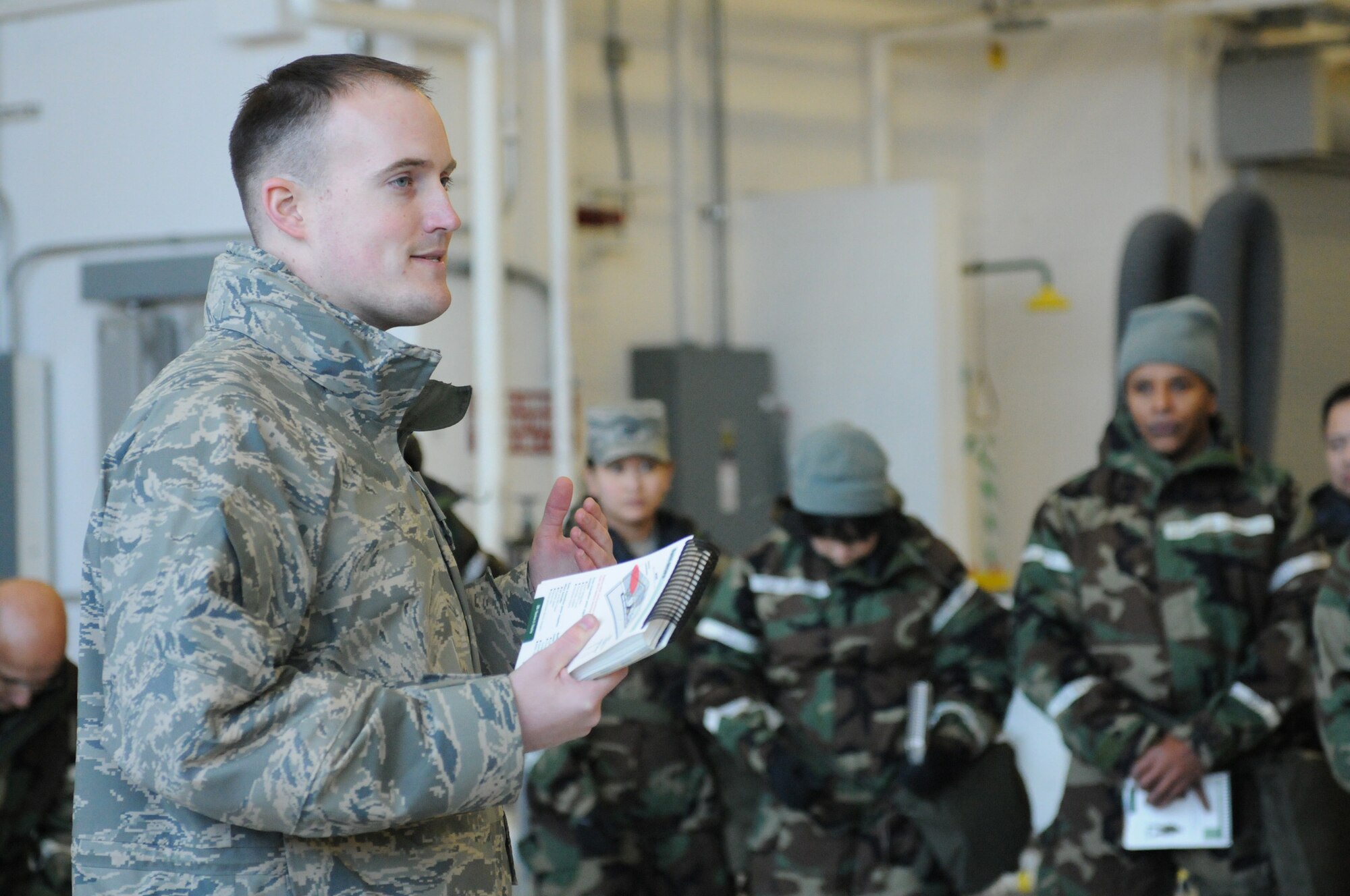 JOINT BASE ANDREWS, Md. -- 459th Air Refueling Wing Airmen receive training on decontaminating chemically-exposed equipment here Feb. 4. Reservists the 459 ARW attended 14 different training courses over a two-day period that was focused on preparing them for future exercises and an upcoming Operational Readiness Inspection. Along with the chemical decontamination course, training also included items like how to identify unexploded ordinance, gas mask inpections and building sandbag bunkers. (U.S. Air Force photo/Tech. Sgt. Steve Lewis) 