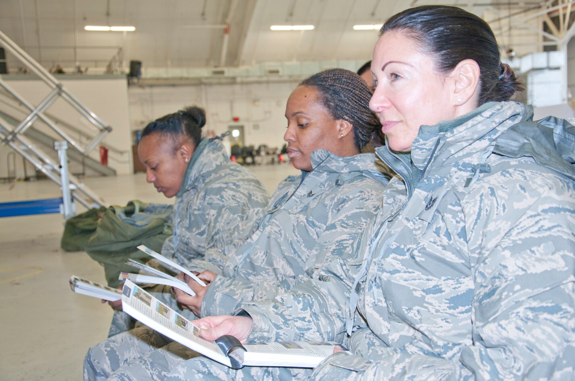 JOINT BASE ANDREWS, Md. -- 459th Air Refueling Airmen study their Airman's Manuals during readiness and Ability to Survive and Operate training here Feb. 4. The 459 ARW attended 14 different readiness and ATSO courses over a two-day period that were focused on preparing them for exercises and an upcoming Operational Readiness Inspection. (U.S. Air Force photo/Staff Sgt. Sophia Piellusch)
