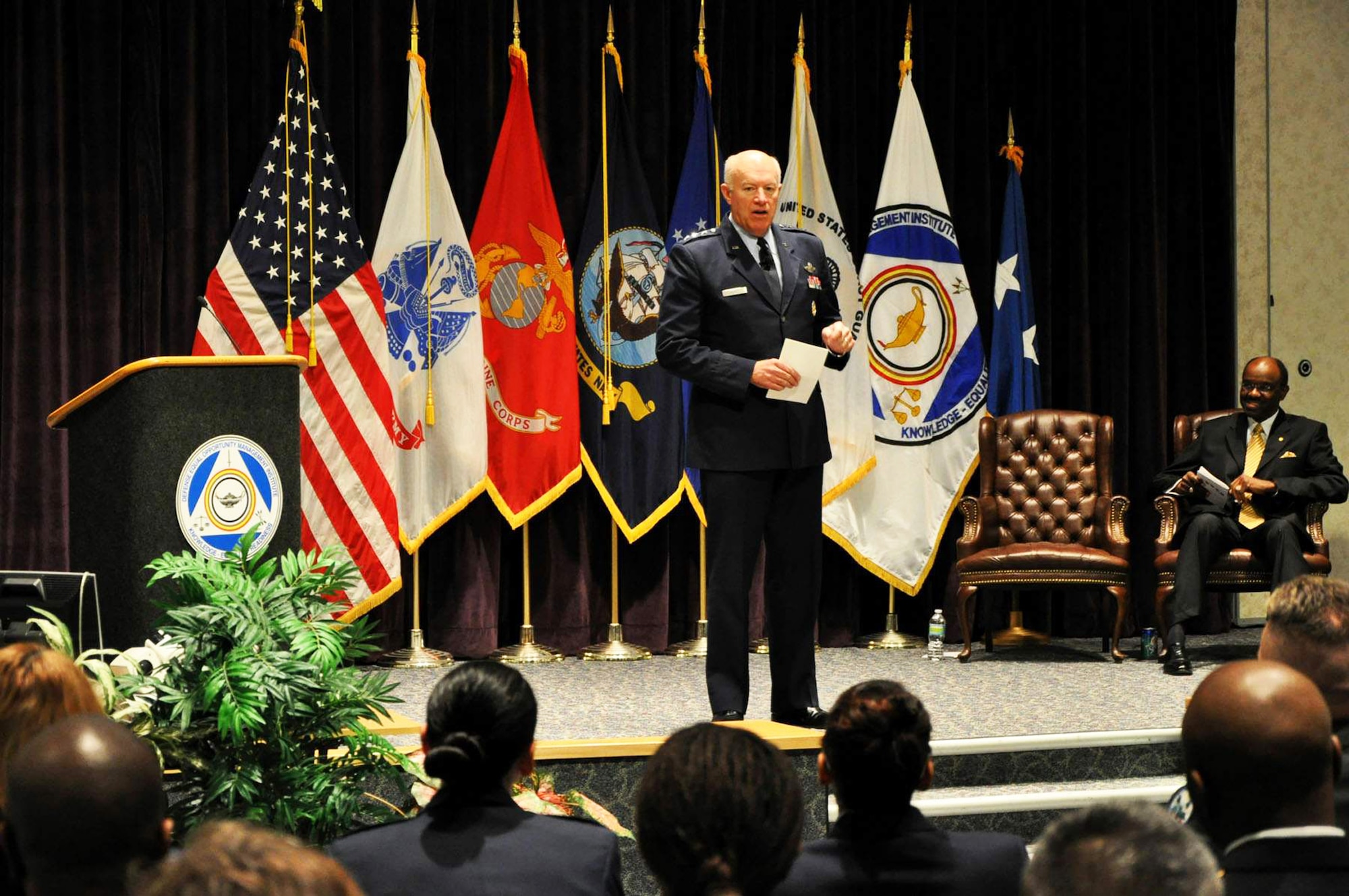 Lt. Gen. Harry M. Wyatt III addresses Guard and Reserve graduates of the Defense Equal Opportunity Management Institute Equal Opportunity Adviser Reserve Component Program  Feb. 4, 2011, at Patrick Air Force Base, Fla. The EOARCP curriculum develops a base of knowledge and skills that allow graduates to assess human relations climates in their organizations and to provide advice and assistance to commanders to prevent, reduce, or eliminate discriminatory practices. Director of the Air National Guard,(Department of Defense Photo/Army Sergeant 1st Class Brian G. Rhodes)
