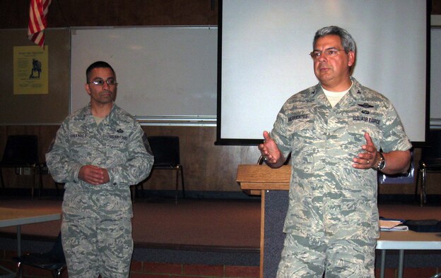 Col. Abel Barrientes, Fourth Air Force Vice-Commander, and Chief Master Sgt. Felix Fernandez, Fourth Air Force Superintendent of Personnel, visit with members of the Junior Reserve Officers Training Corps at Moreno Valley High School in Moreno Valley, February 9, 2011.  (U.S. Air Force photo/2nd Lt. Zach Anderson) 
