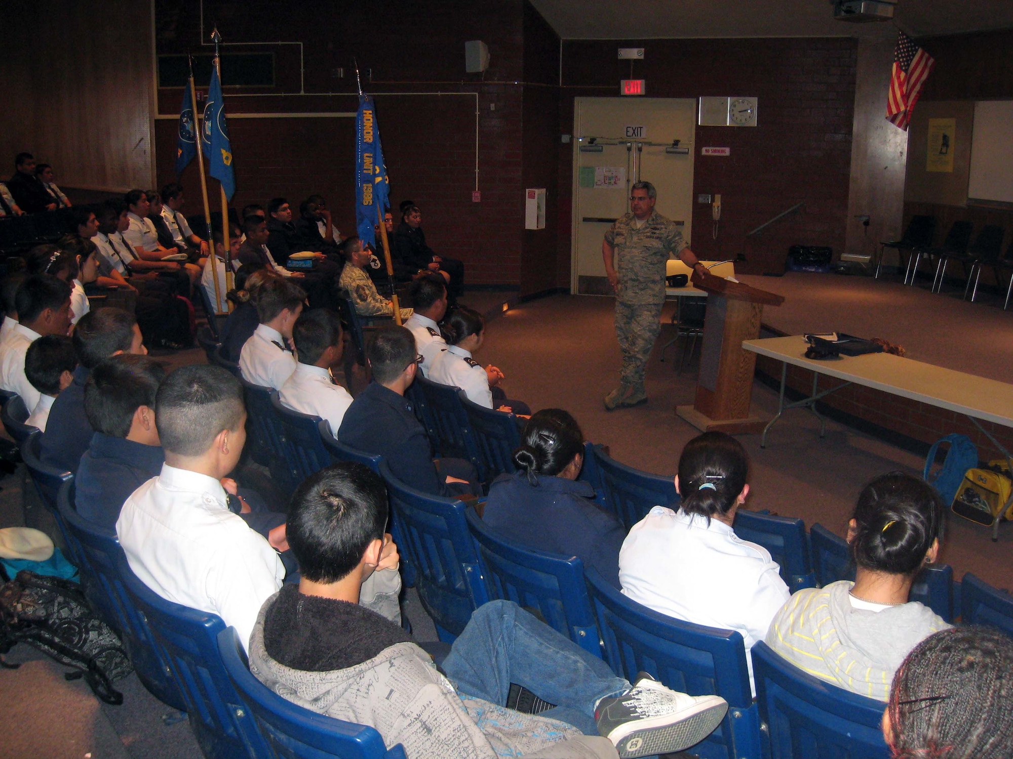 Col. Abel Barrientes, Fourth Air Force Vice-Commander, and Chief Master Sgt. Felix Fernandez, Fourth Air Force Superintendent of Personnel, visit with members of the Junior Reserve Officers Training Corps at Moreno Valley High School in Moreno Valley, February 9, 2011.  (U.S. Air Force photo/2nd Lt. Zach Anderson) 
