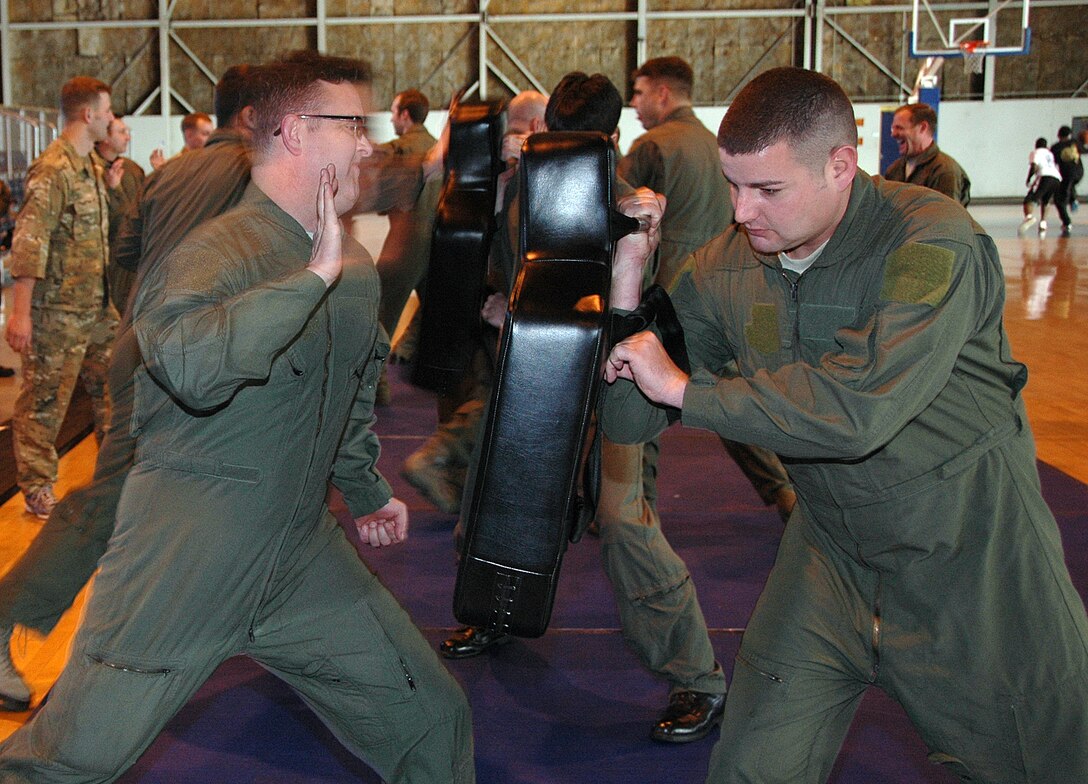 Staff Sergeant Chad Braunschweig, SERE Specialist with the 908th Operations Group, assisted by fellow specialists and civilian contractors, recently conducted combat survival training for members of the 908th Airlift Wing. Above, Chief MSgt. Patrick Weir practices hand-to-hand combat moves with the assist of TSgt. Christopher Hines. (Air Force photo by Tech. Sgt. Jay Ponder)