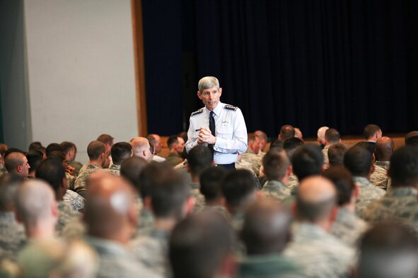 Air Force Chief of Staff Gen. Norton Schwartz talks with more than 600 Airmen during an Airman's call Feb. 8, 2011 at Yokota Air Base, Japan. The general spoke about his priorities for the service and fielded questions about issue affecting the Air Force in 2011. (U.S. Air Force photo/Airman 1st Class Lynise Nichols)
