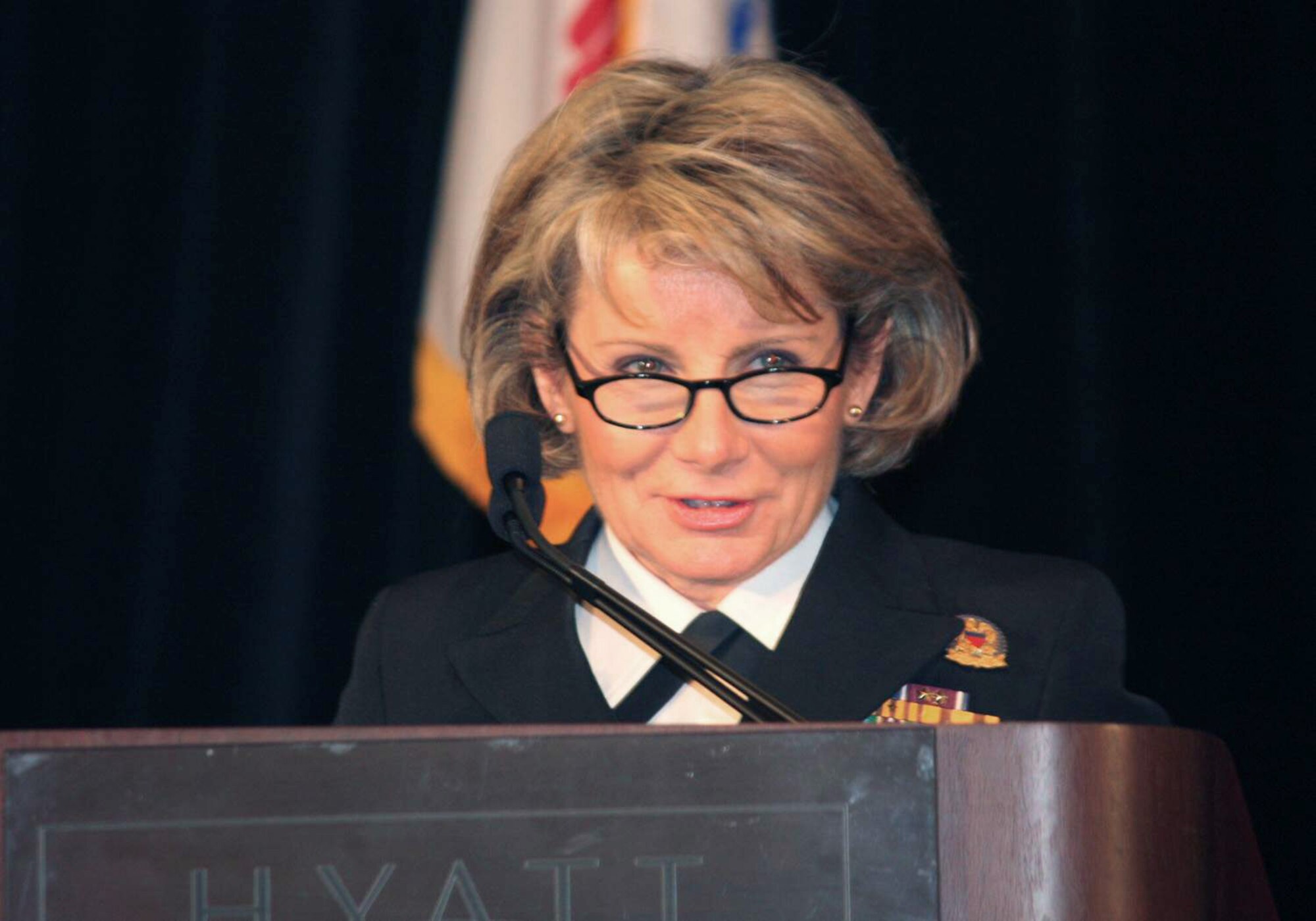 Public Health Service Capt. Joan Hunter speaks at the 2010 Suicide Prevention Conference sponsored by the Defense and Veterans Affairs departments in Washington. Captain Hunter is the director of psychological health for the National Guard Bureau. (Defense Department photo/Elaine Wilson)