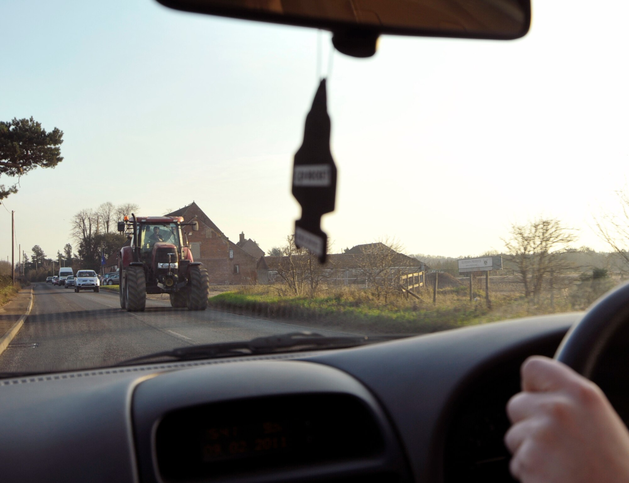 ROYAL AIR FORCE LAKENHEATH, England -- Slow-moving farm vehicles can pose a hazard on local roads. Motorists are only allowed to pass vehicles traveling less than 30 miles an hour, and only when they are able to safely ensure no vehicles are approaching from the opposite direction. (U.S. Air Force photo/Airman Cory Payne)