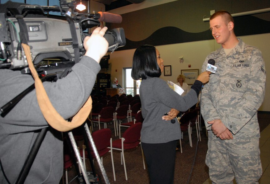178 FW Security Forces member Airman 1st Class Joshua Barnett speaks with the media Dec 29, 2010 prior to deploying to Iraq in support of Operartion New Dawn.