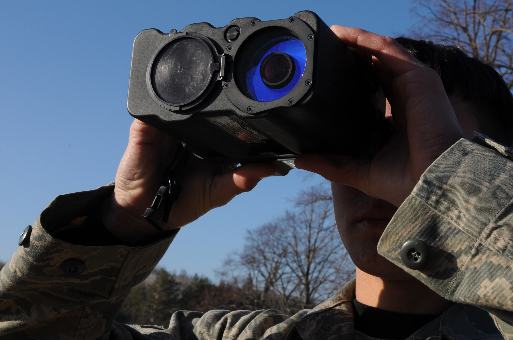 Airman 1st Class Craig Gabrielson, 8th Air Support Operations Squadron tactical air control party operator, uses a mark 7 laser range finder to map the distances of potential targets during a NATO coalition combat capability training exercise at Pocek Range in Postojna, Slovenia, Feb. 2. The exercise consisted of close air support training between Aviano Air Base, Italy, and Slovenian army joint terminal attacks controllers and tactical air control party operators as well as Slovenian PC-9M aircraft.(U.S. Air Force photo/ Staff Sgt. Nadine Y. Barclay)