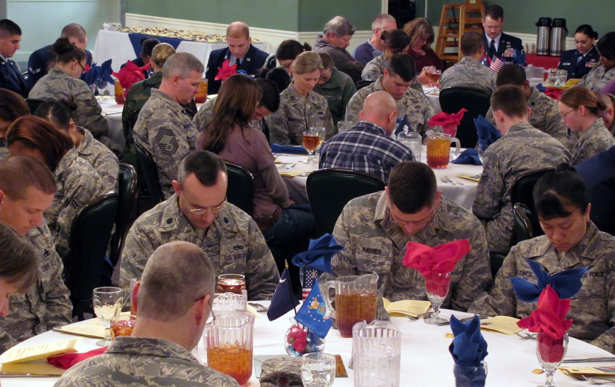 SHAW AIR FORCE BASE, S.C. -- Hundreds from Team Shaw came together for the National Prayer Luncheon at the Carolina Skies Club here Feb. 9, 2011. The luncheon was inspired by the national event established by members of the U.S. Senate, U.S. House Prayer Groups and then-president Dwight D. Eisenhower in 1953. (U.S. Air Force photo/Airman 1st Class Daniel Phelps))