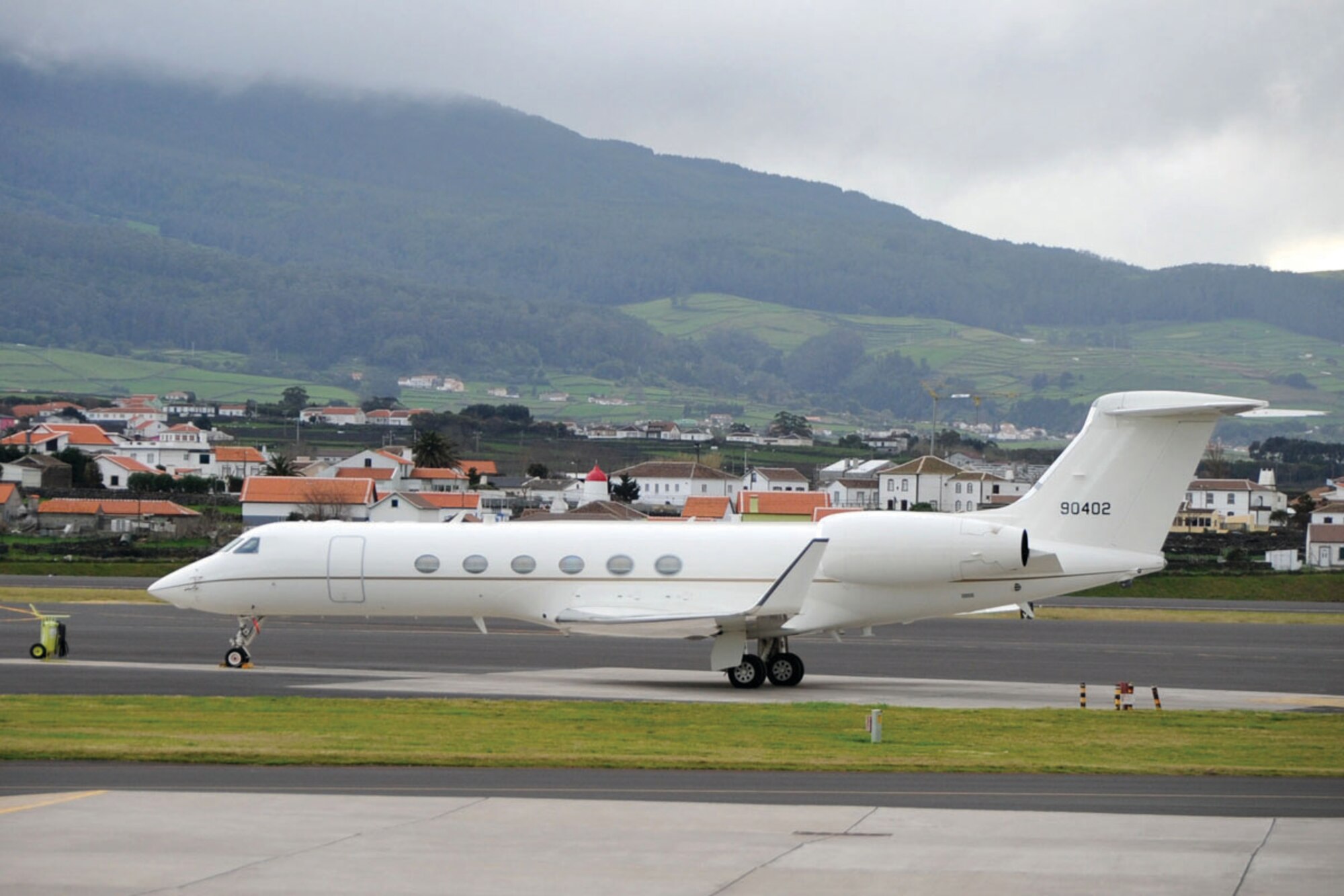 A C-37 Gulfstream V from Ramstein Air Base, Germany, landed at Lajes Field, Azores, Feb. 4, during a training mission.  The Gulfstream V, having been assigned to Germany since December 2010, is an airlift aircraft for high-ranking government and Defense Department officials. (Photo by Tech. Sgt. Chyrece Campbell)
