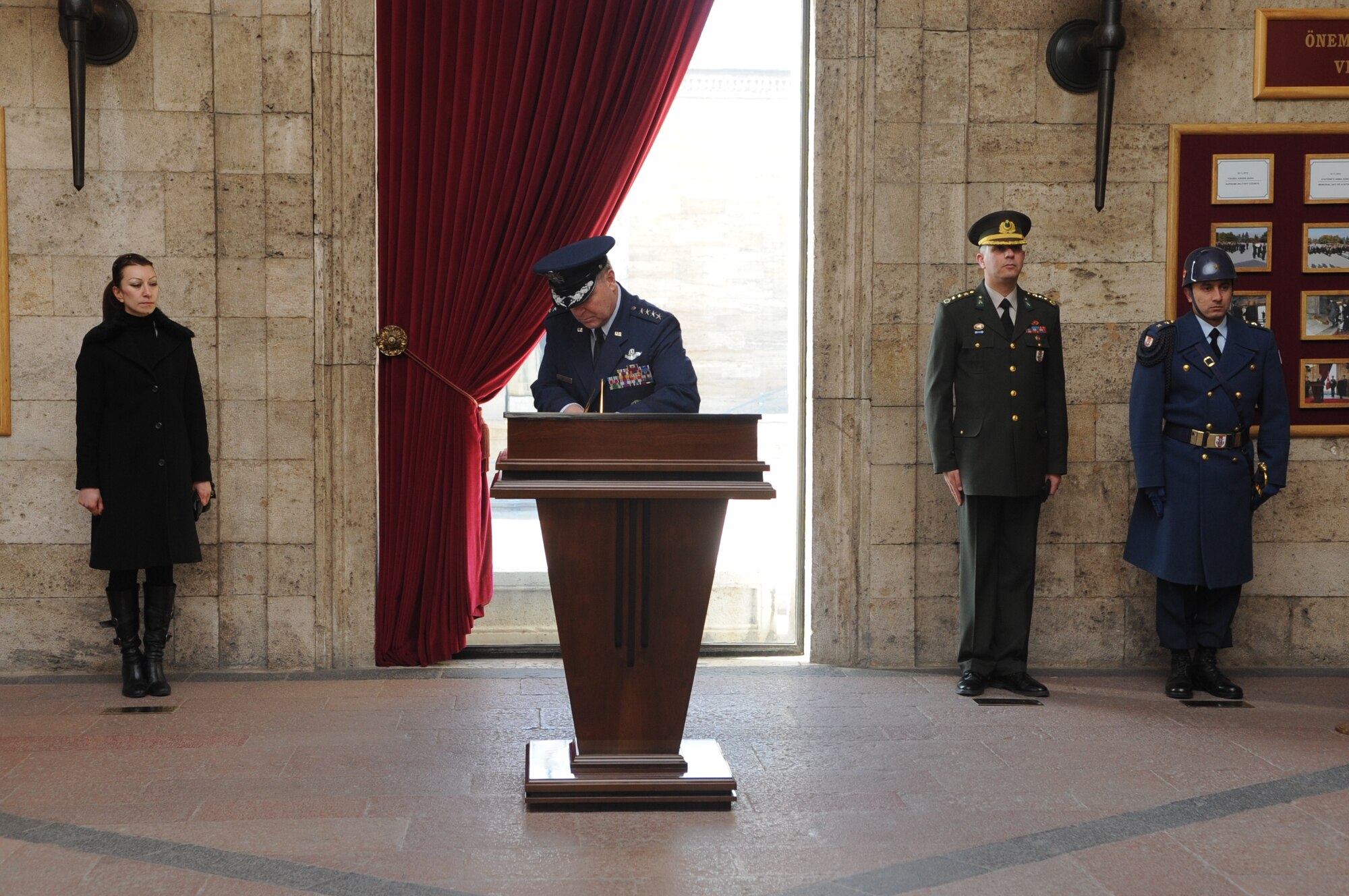 Gen. Mark A. Welsh III, U.S. Air Forces in Europe commander, signs the visitor’s log at Anitkabir, a museum, memorial and mausoleum honoring the memory of Mustafa Kemal Ataturk, the founder of the Republic of Turkey, Feb. 2, 2011, in Ankara, Turkey. General Welsh had just finished taking part in a wreath-laying ceremony in honor of Ataturk. (U.S. Air Force photo by Tech. Sgt. Valda Wilson/Released)