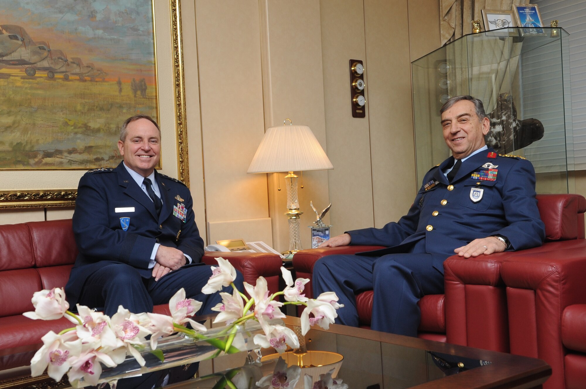 Gen. Mark A. Welsh III, U.S. Air Forces in Europe commander, attends an office call with Gen. Hasan Aksay, the commander of the Turkish air force, during his visit to the Turkish air force headquarters in Ankara, Turkey, Feb. 2, 2011. (U.S. Air Force photo by Tech. Sgt. Valda Wilson/Released)