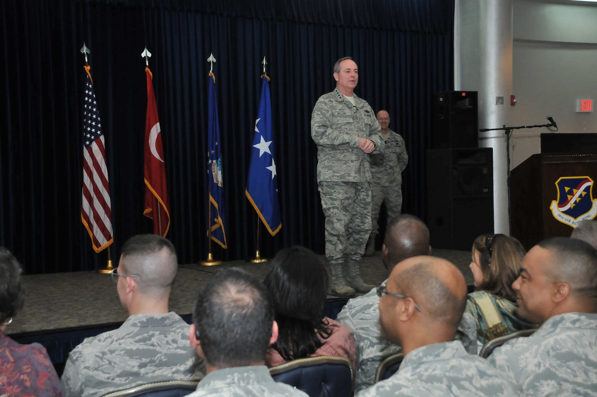 Gen. Mark A. Welsh III, U.S. Air Forces in Europe commander, speaks during an “all-call,” Feb. 3, 2011, at Incirlik Air Base, Turkey. General Welsh visited the base to speak with Airmen and gain insight into how they accomplish the mission of the 39th ABW. (U.S. Air Force photo by Staff Sgt. Alex Montes/released)