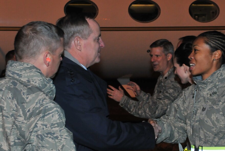 Gen. Mark A. Welsh III, U.S. Air Forces in Europe commander, greets Tech. Sgt. Anntionette Johnson of the 39th Air Base Wing protocol office, Feb. 2, 2011, at Incirlik Air Base, Turkey. General Welsh visited the base to speak with Airmen and gain insight into how they accomplish the mission of the 39th ABW. (U.S. Air Force photo by Staff Sgt. Alex Montes/released)