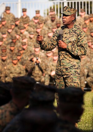 Sgt. Maj. Carlton W. Kent, sergeant major of the Marine Corps, speaks to approximately 2,000 Marines with 3rd Marine Regiment at Dewey Square during a visit to Marine Corps Base Hawaii with Gen. James F. Amos, 35th commandant of the Marine Corps, Feb. 10, 2011. During their visit, the leaders spoke about and answered questions concerning the Corps’ continued involvement in overseas operations, reduction in personnel, the future of certain military occupational specialties, and issues surrounding the recent repeal of the Department of Defense’s “Don’t Ask, Don’t Tell” policy. For Amos, who began his career as a first lieutenant with a Hawaii-based squadron, the visit to Hawaii was his first as commandant.