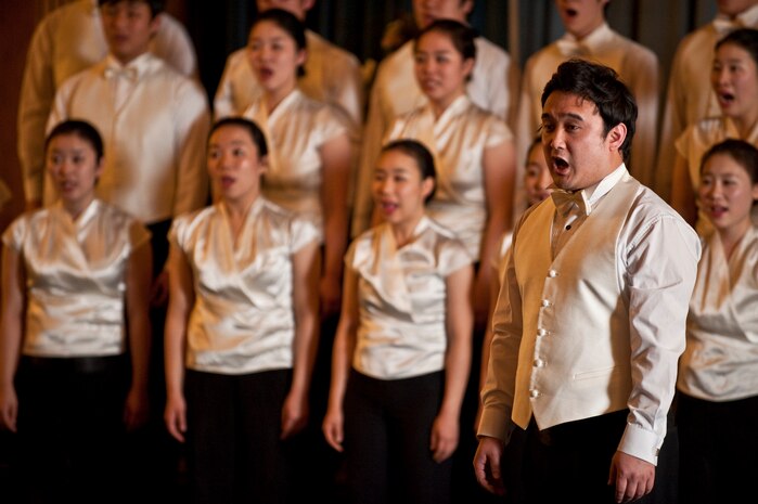 NELLIS AIR FORCE BASE, Nev. --  Nuri Kim, a senior at Catholic University in Seoul, South Korea, performs at the base chapel Feb. 10. Mr. Kim is a member of the Korean Students Glee Club which is on tour throughout the United States and Canada until Feb. 23, 2011. The Glee Club was established in 1966 and is composed of college students studying music in various universities in the Seoul metropolitan area. (U.S. Air Force photo by Tech. Sgt. Michael R. Holzworth)
