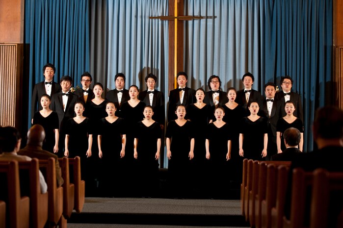 NELLIS AIR FORCE BASE, Nev. --  The Korean Students Glee Club performs at the base chapel Feb.10. The Glee Club is on tour throughout the United States and Canada until Feb. 23, 2011. The Glee Club was established in 1966 and is composed of college students studying music in various universities in the Seoul metropolitan area. (U.S. Air Force photo by Tech. Sgt. Michael R. Holzworth)
