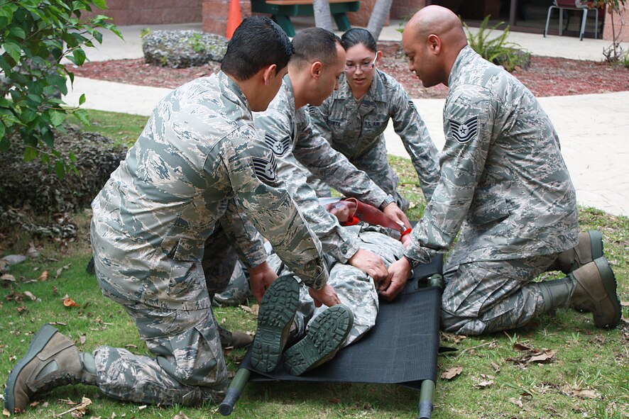 Airmen from the 482nd Medical Squadron at Homestead Air Reserve Base work together during mass casualty exercise Feb. 3.  (U.S. Air Force photo/Airman 1st Class Jacob Jimenez)