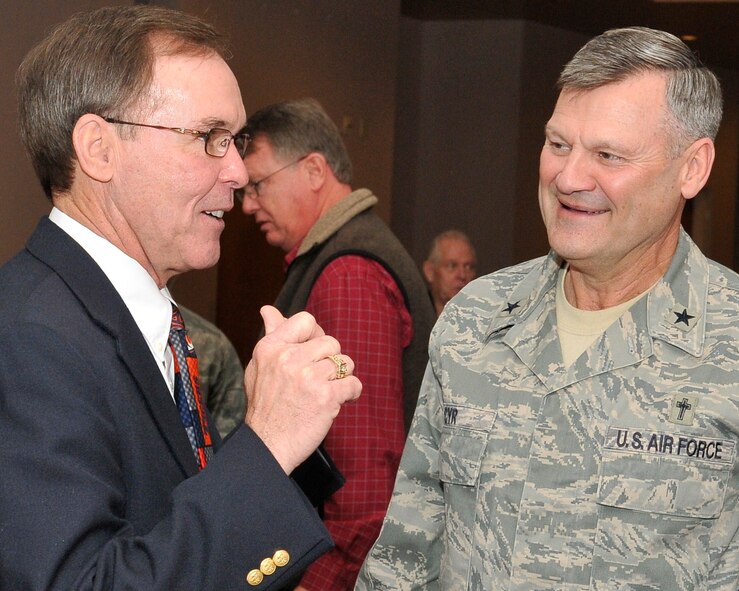 Following Tyndall’s 2011 National Prayer Luncheon, Chaplain Brigadier General David H. Cyr, Deputy Chief of Chaplains, Headquarters United States Air Force, Washington, D.C. met with luncheon attendees including, old friend, Lou South, 325th fitness center director. (U.S. Air Force photo by Lisa Norman)