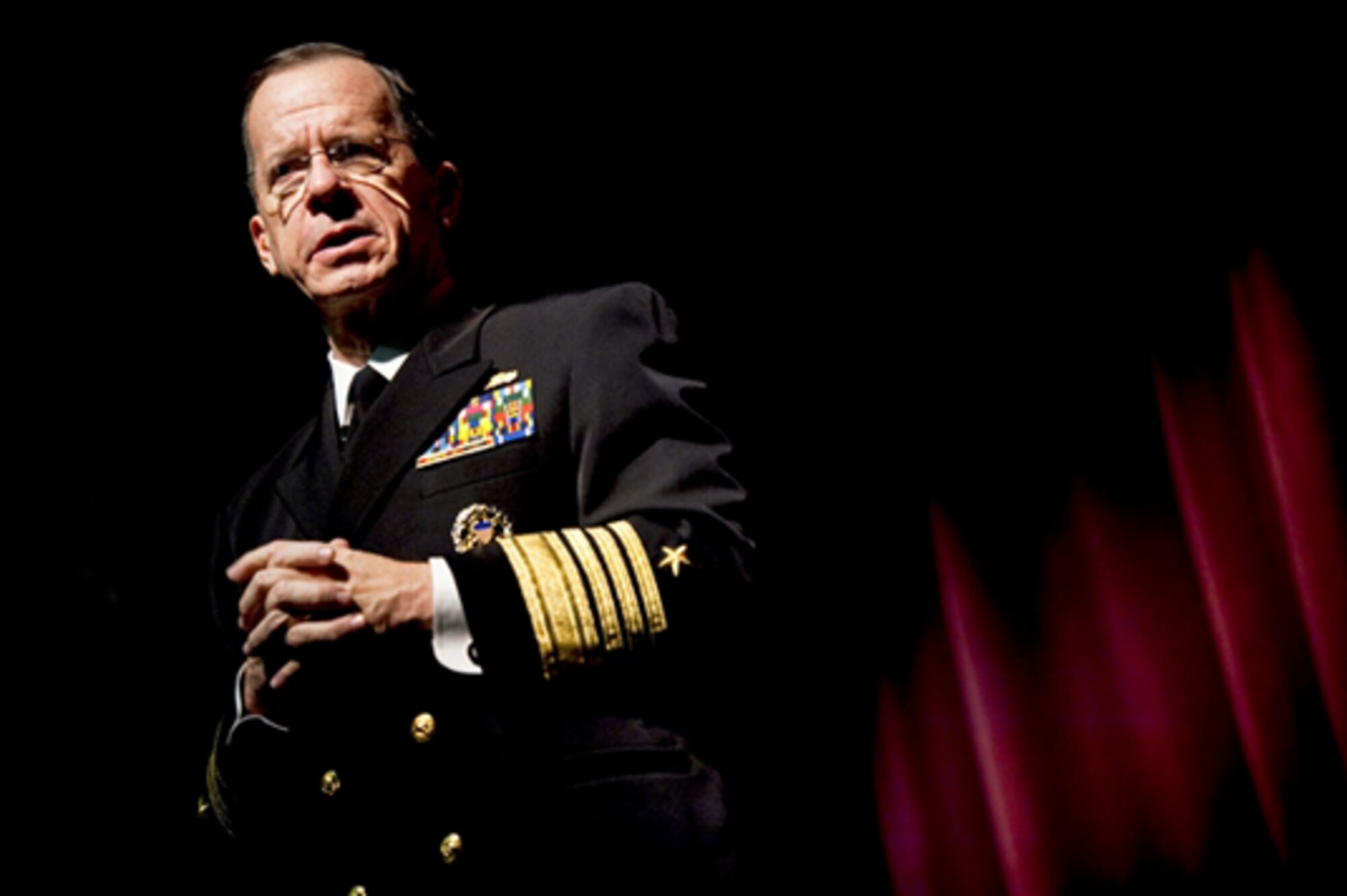 Navy Adm. Mike Mullen, the chairman of the Joint Chiefs of Staff, addresses residents of Chambersburg, Pa., Feb. 10, 2011. Admiral Mullen visited the Pennsylvania town as part of his "Conversations with the Country" town halls meetings. (Defense Department photo/Petty Officer 1st Class Chad J. McNeeley)