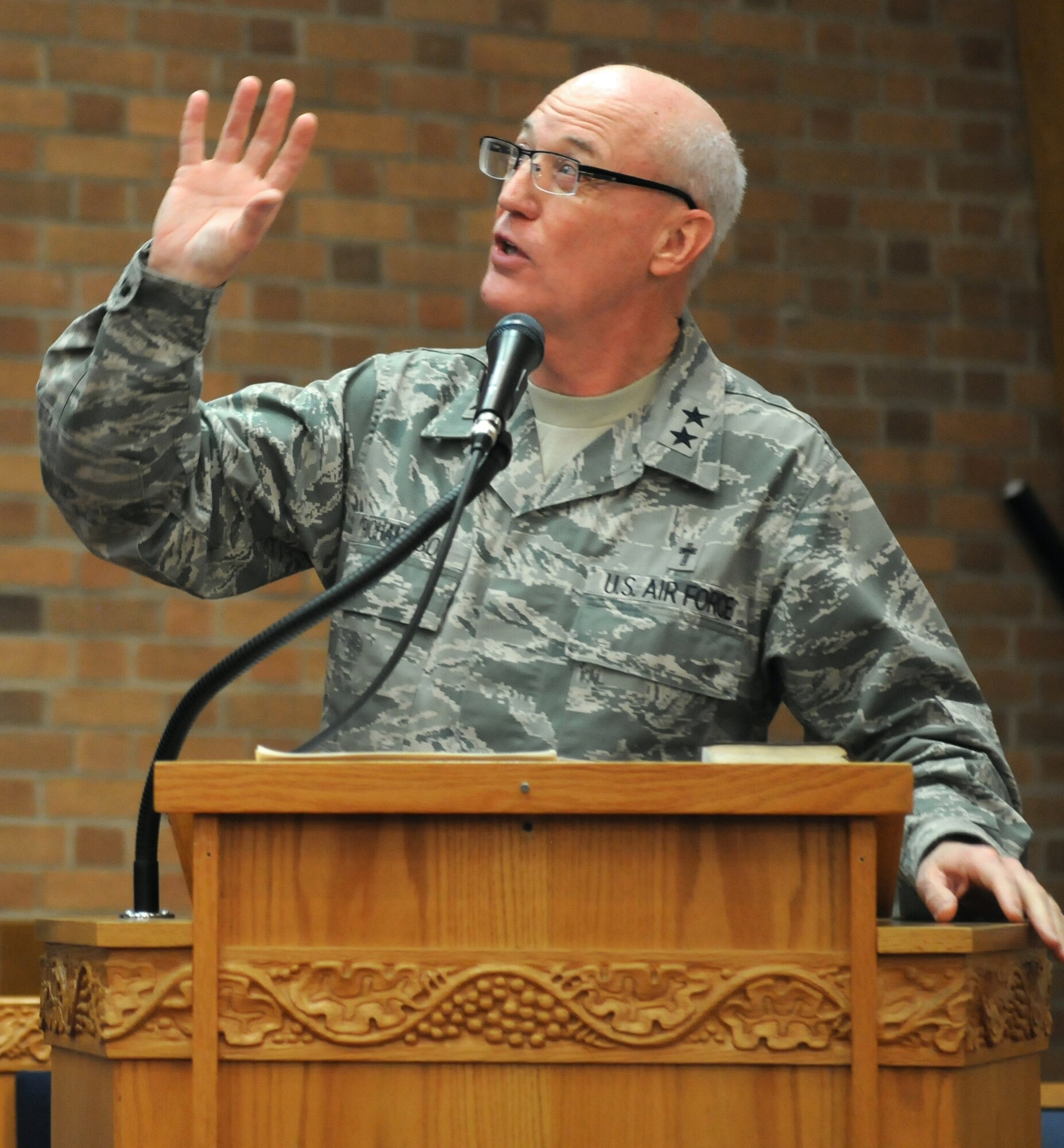 ROYAL AIR FORCE LAKENHEATH, England - Chaplain (Maj. Gen.) Cecil R. Richardson, the Air Force chief of chaplains, gives a message at the 48th Fighter Wing’s annual National Prayer Breakfast at the RAF Lakenheath Base Chapel on Feb. 11. The National Prayer Breakfast is an annual event that brings people together to pray for the institutions, government and people of the United States and its allies. (U.S. Air Force photo/Staff Sgt. Stephen Linch)