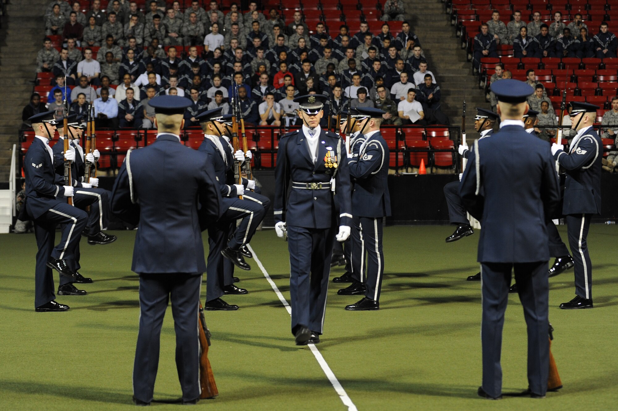 The U.S. Air Force Honor Guard drill team performs for the University of Maryland University Air Force ROTC cadets Feb. 10 at the UMU Campus at College Park, Md. The USAF Honor Guard performs within the National Capital Region to give back to the local community, said Capt. Chad Frey, The USAF Honor Guard drill team commander. (U.S. Air Force photo by Senior Airman Christopher Ruano)