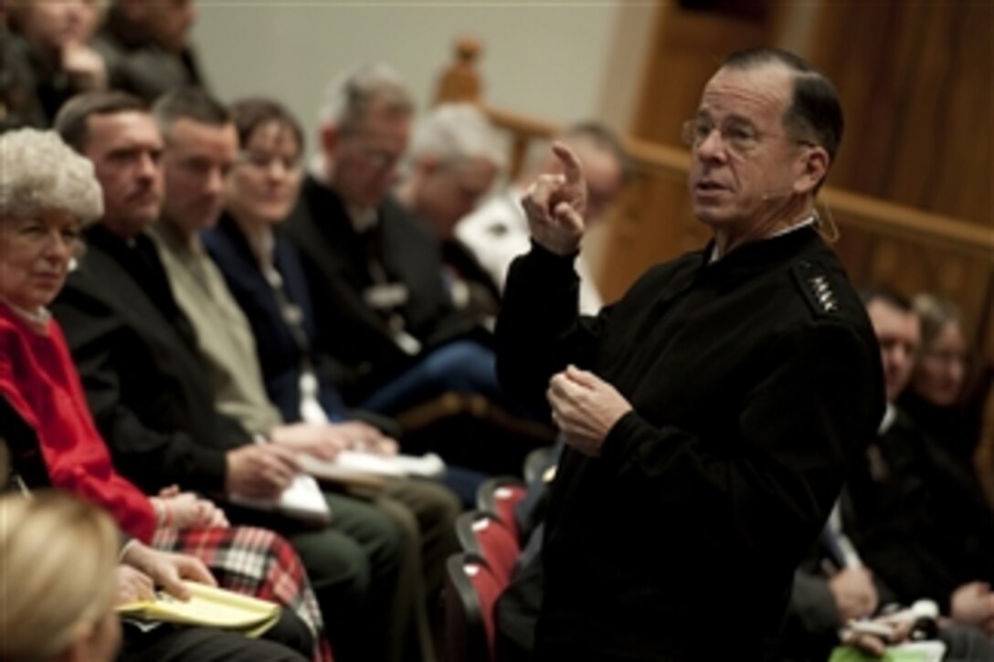 Chairman of the Joint Chiefs of Staff Adm. Mike Mullen, U.S. Navy, addresses audience members at the U.S. Army War College at Carlisle Barracks, Pa., on Feb. 10, 2011.  