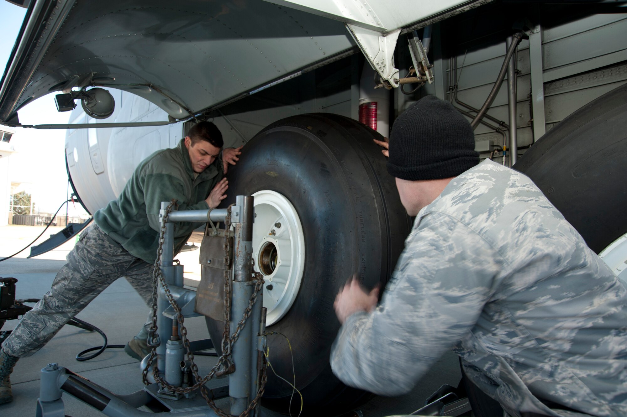 Senior Airmen Dalton Andrepont (left) and Scott Hamilton, 403rd Aircraft Maintenance Squadron crew chiefs, replace a tire on a C-130J-30 aircraft during the January unit training assembly. UTAs provide excellent opportunities for Citizen Airmen to sharpen their job skills in their Air Force career fields. 