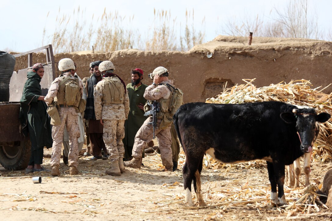 U.S. Marines and interpreters with Company I, Battalion Landing Team 3/8, 26th Marine Expeditionary Unit, Regimental Combat Team 8, speak to lAfghans to offer assistance following three days of heavy rain at Turah Shah Ghundey, Helmand province, Afghanistan, Feb. 13, 2011. Elements of 26th Marine Expeditionary Unit deployed to Afghanistan to provide regional security in Helmand province in support of the International Security Assistance Force.