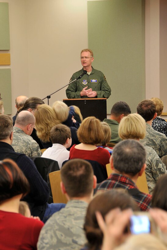 KULIS AIR NATIONAL GUARD BASE, Alaska - Brig. Gen. Charles E. Foster, Commander of the 176th Wing addresses Wing members, Alaska Air National Guard retirees, and the families of Wing members during the Wing?s Fly-Away Ceremony, Feb. 12, 2011. Aircraft from the Wing were flown from Kulis to Joint Base Elmendorf-Richardson during a ceremonial flight. The 176th Wing is relocating from Kulis to JBER per the 2005 Defense Base Closure and Realignment proposal.  Alaska Air National Guard photo by Staff Sgt. N. Alicia Goldberger.