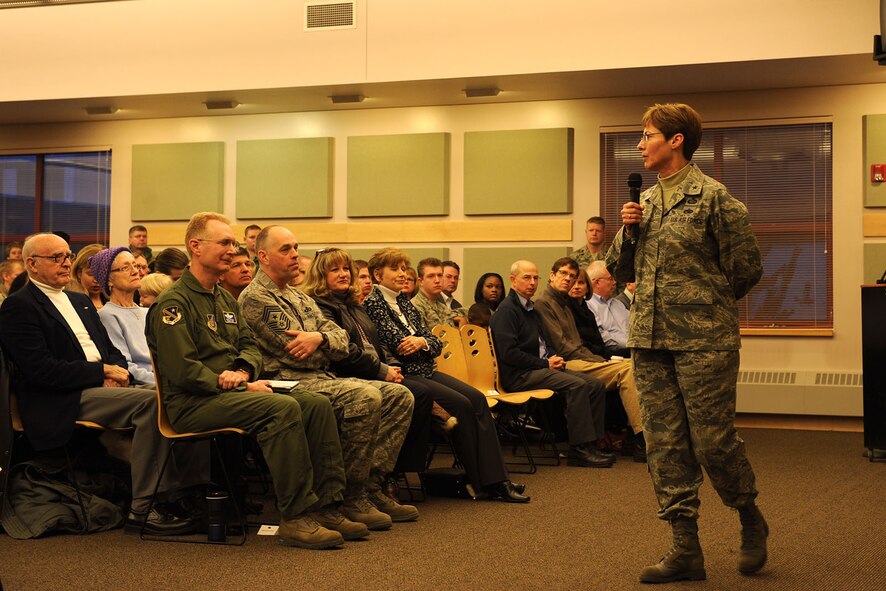 KULIS AIR NATIONAL GUARD BASE, Alaska - Brig. Gen. Deborah McManus, Commander of the Alaska Air National Guard addresses 176th Wing members, Alaska Air National Guard retirees, and the families of Wing members during the Wing?s Fly-Away Ceremony, Feb. 12, 2011. Aircraft from the Wing were flown from Kulis to Joint Base Elmendorf-Richardson during a ceremonial flight. The 176th Wing is relocating from Kulis to JBER per the 2005 Defense Base Closure and Realignment proposal.  Alaska Air National Guard photo by Master Sgt. Shannon Oleson.