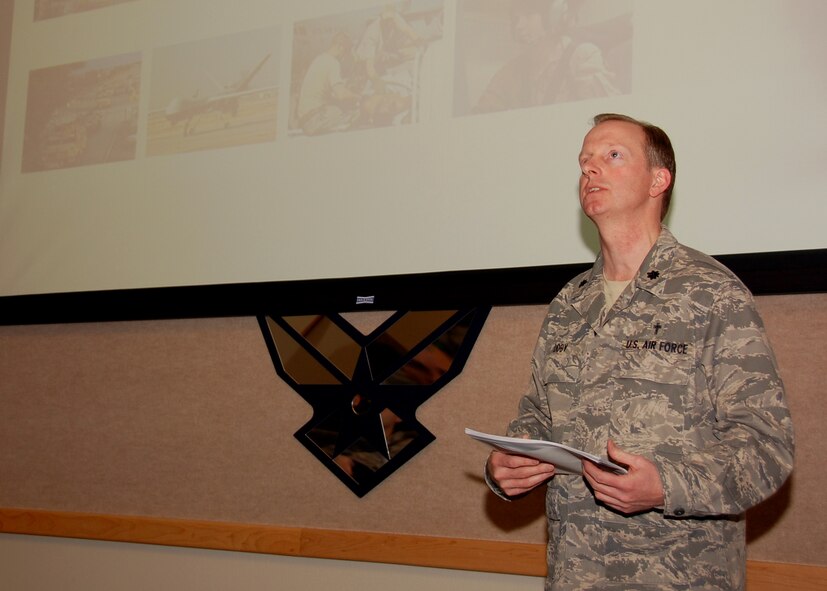 Chaplain Lt. Col Scott Doby, speaks during Wingman Day at Whiteman AFB, Feb 12. The Air Force established the Wingman program to encourage Airmen and their families to look out for each other and to intervene when signs of stress are observed. (Photo by Staff Sgt. Amber Hodges)