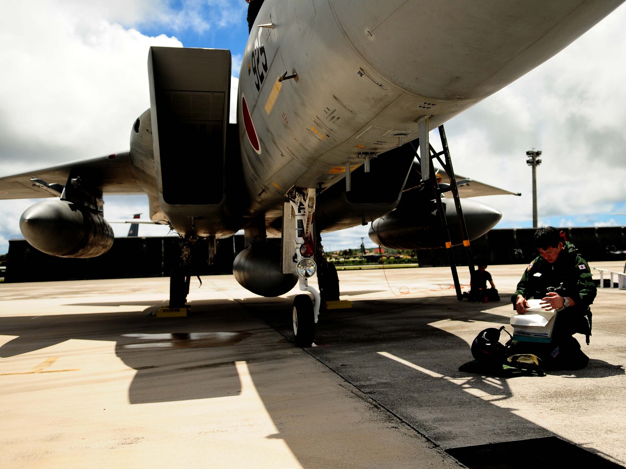 ANDERSEN AIR FORCE BASE, Guam - An Japan Air Self-Defense Force pilot performs post-flight checks  on  an F-15 Eagle after its arrival here Feb. 11, for the exercise Cope North 11-1. The JASDF is employing several other aircraft during this year’s two week exercise, such as the F-2A fighter, E-2C Hawkeye and C-130 Hercules. (U.S. Air Force photo/ Airman 1st Class Jeffrey Schultze)