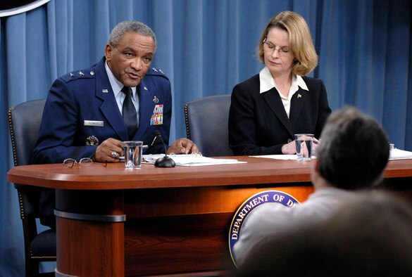 Maj. Gen. Al Flowers, the Air Force budget director, and Marilyn Thomas, the Air Force deputy budget director, discuss the Air Force budget request of $166.3 billion for fiscal 2012 during a briefing at the Pentagon Feb. 14, 2011.  (U.S. Air Force photo/Staff Sgt. Tiffany Trojca)