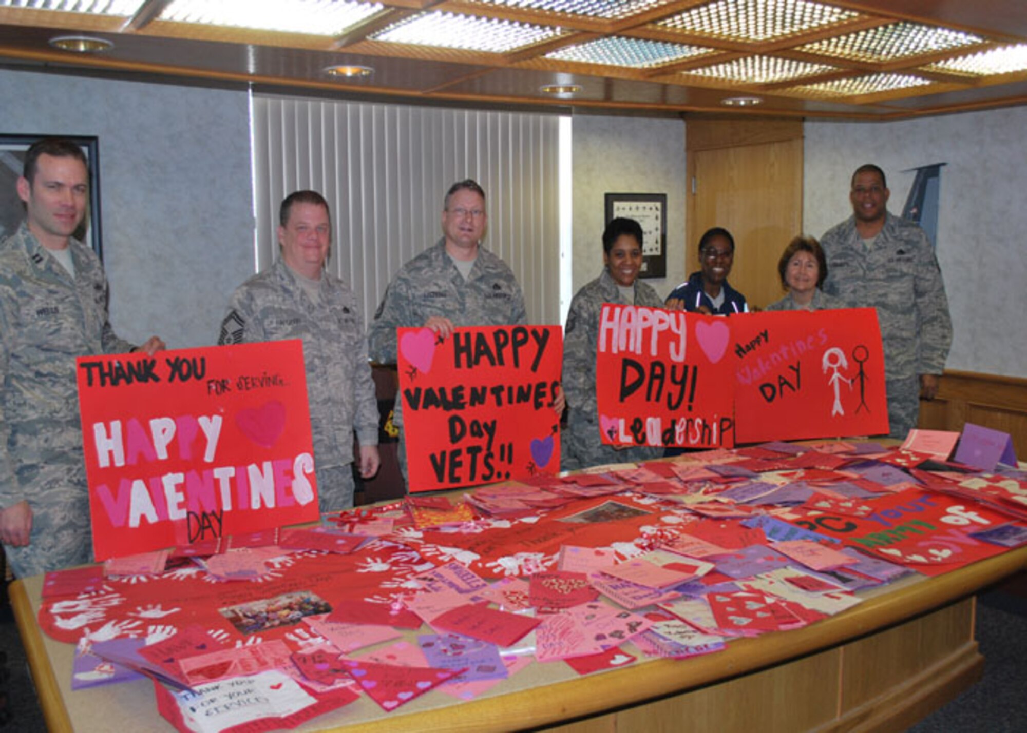 Members of the 507th Air Refueling Wing Human Resource Development Council examine many of the more than 600 Valentines donated by local area school kids.  The valentines were presented to the Norman, Oklahoma Veteran's Center as part of their annual Valentines For Vets program.  The council also provides birthday cards for the members of the center and operate additional programs throughout the year to recognize the service of the Center's residents. 