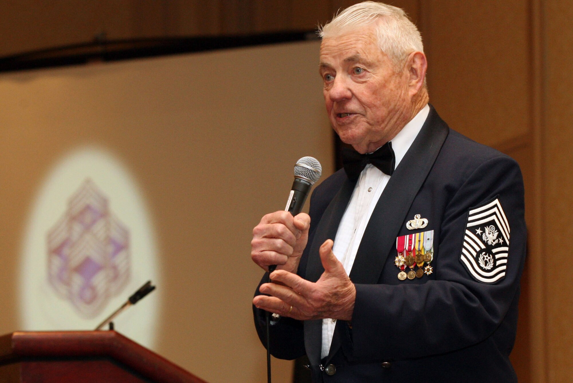 The fifth Chief Master Sergeant of the Air Force, retired Chief Master Sgt. Robert D. Gaylor inspired the audience as the evenings keynote speaker Feb 5. (U.S. Air Force Photo/Don Peek)