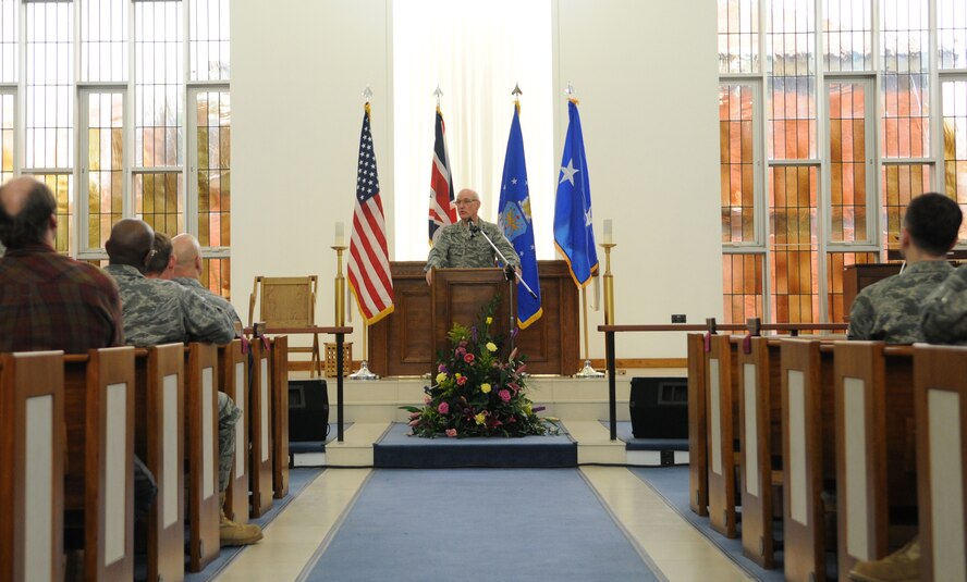 RAF MILDENHALL, England -- Chap. (Maj. Gen.) Cecil Richardson, Air Force chief of chaplains, speaks to the congregation during the National Prayer Luncheon Feb. 11, 2011, at the base chapel. His sermon included telling of the tale the U.S. Army Transport ship Dorchester, which was sunk by a German U-boat in 1943. Four chaplains, each of a different faith, gave up their life jackets to save others as the ship went down. (U.S. Air Force photo/Staff Sgt. Thomas Trower)