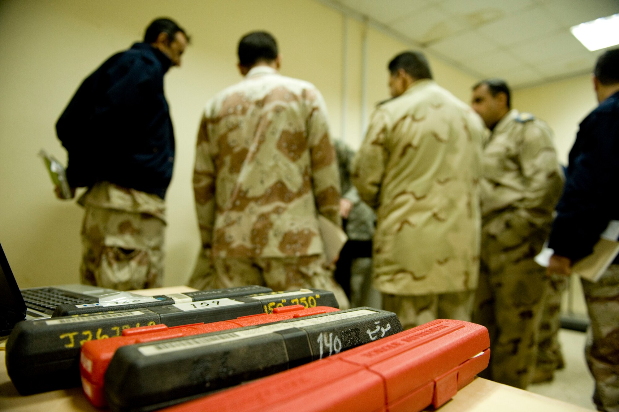 BAGHDAD - Torque wrenches await calibration while Iraqi airmen receive training on the process at New Al-Muthana Air Base, Feb 2. This new capability eliminates the need to send the wrenches to the U.S. for calibration.  (U.S. Air Force photo by Staff Sgt. Levi Riendeau)