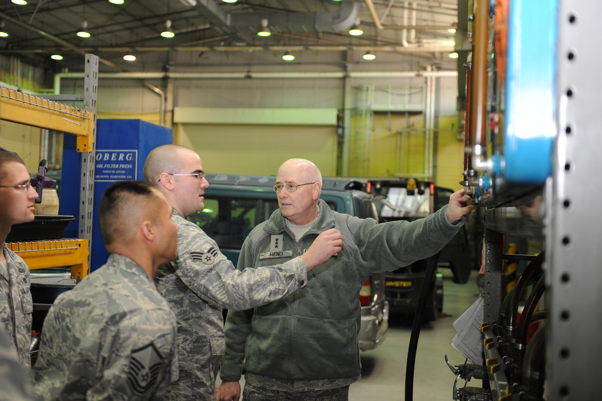 KUNSAN AIR BASE, Republic of Korea -- Lt. Gen. Loren Reno, Deputy Chief of Staff for Logistics, Installations and Mission Support, Headquarters U.S. Air Force, listens to an Airman from the 8th Logistics Readiness Squadron during a visit here Feb. 11. In addition to touring the LRS squadron, General Reno also dined with base Airmen and visited Big Coyote and various other facilities throughout the base. (U.S. Air Force photo/Tech. Sgt. Jonathan Pomeroy)