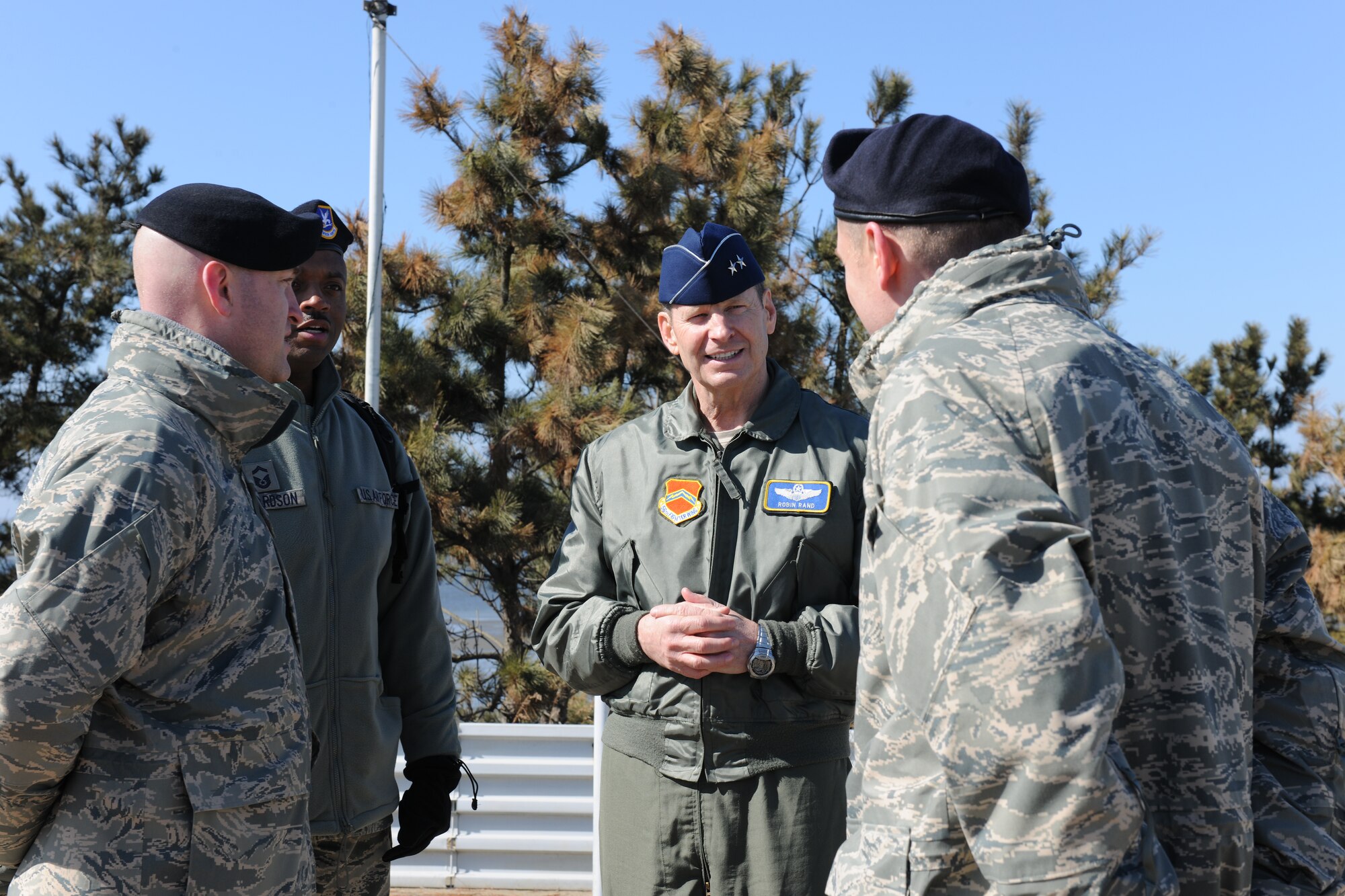 KUNSAN AIR BASE, Republic of Korea -- Maj. Gen. Robin Rand, Special Assistant to the Vice Chief of Staff, Headquarters U.S. Air Force, speaks to 8th Security Forces Squadron members at Big Coyote while on a base visit here Feb. 11.  In addition to visiting Big Coyote, General Rand also dined with Wolf Pack Airmen and visited various other facilities throughout the base. (U.S. Air Force photo/Tech. Sgt. Jonathan Pomeroy) 