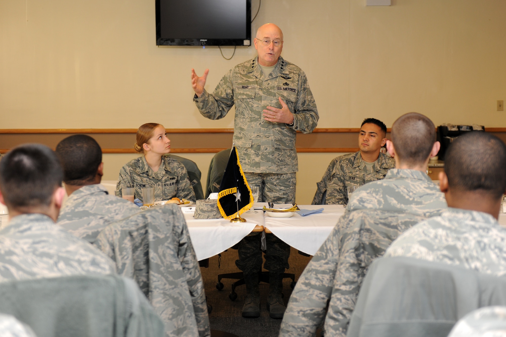 KUNSAN AIR BASE, Republic of Korea -- Lt. Gen. Loren M. Reno, Deputy Chief of Staff for Logistics, Installations and Mission Support, Headquarters U.S. Air Force, speaks to Wolf Pack Airmen about the importance of teamwork during a breakfast at the O' Malley dining facility while visiting the base Feb. 11.  In addition to dining with Wolf Pack members, Lt. Gen. Reno also toured the new dormitories, Big Coyote, and various other facilities throughout the base. (U.S. Air Force photo/Tech. Sgt. Jonathan Pomeroy) 
