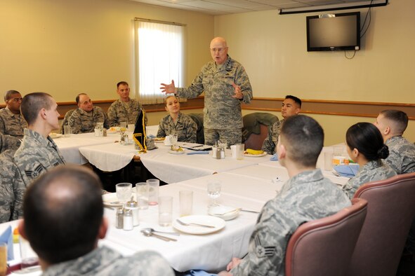 Lt. Gen. Loren Reno, Deputy Chief of Staff for Logistics, Installations and Mission Support, Headquarters U.S. Air Force, speaks to Wolf Pack Airmen about the importance of teamwork during a breakfast at the O' Malley dining facility while visiting the base Feb. 11, Kunsan Air Base, Republic of Korea. In addition to dining with Wolf Pack members, General Reno also toured the new dormitories, Big Coyote, and various other facilities throughout the base. (U.S. Air Force photo/Tech. Sgt. Jonathan Pomeroy)