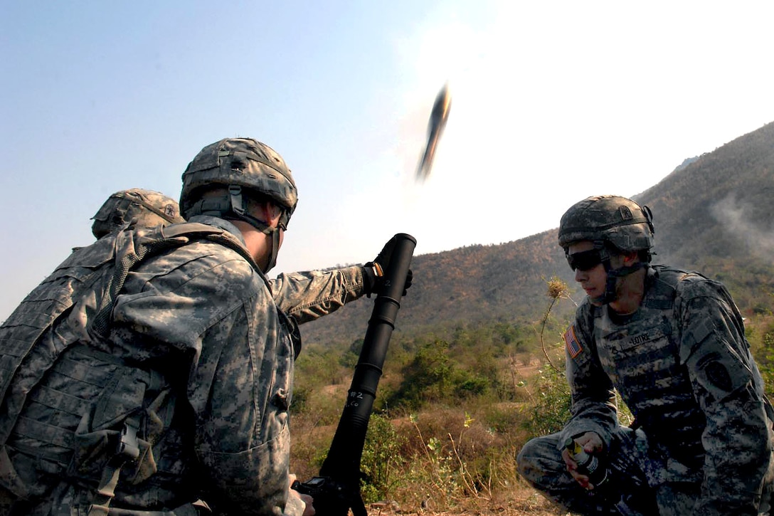 U.S. Army soldiers fire a 60 mm mortar round during Cobra Gold on Pulon Range, Thailand, Feb. 11, 2011. Cobra Gold is a joint forces, multinational exercise designed to ensure regional peace and stability.
