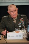 NEW YORK --  Lt. Gen. Dennis J. Hejlik, Commander of United States Marine Corps Forces Command, Fleet Marine Force Atlantic, United States Marine Corps Bases Atlantic, and United States Marine Corps Forces Europe, spoke on the role of the Marine Corps as it relates to the future of American security strategies, Feb. 14, at a roundtable discussion at the Council on Foreign Relations. Hejlik mentioned often that the Marine Corps' strength is as a pre-positioned Naval force-in-readiness not as a second land army. "We are light enough to get there quickly, but heavy enough to carry the day upon arrival...We are ready to respond whenever the nation calls, wherever the president may direct," he said. He also illustrated how the 20,000 Marines deployed to Afghanistan affect nearly a quarter of the Marine Corps with 20,000 Marines training to go to Afghanistan, 20,000 serving in country and another 20,000 redeploying back to garrison commands. Hejlik, a native of Garner, Iowa, had served as a Marine Corps fellow at the CFR earlier in his career. (Official Marine Corps photo by Sgt. Randall A. Clinton / RELEASED)