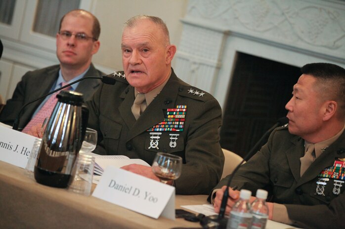 NEW YORK --  Lt. Gen. Dennis J. Hejlik, Commander of United States Marine Corps Forces Command, Fleet Marine Force Atlantic, United States Marine Corps Bases Atlantic, and United States Marine Corps Forces Europe, spoke on the role of the Marine Corps as it relates to the future of American security strategies, Feb. 14, at a roundtable discussion at the Council on Foreign Relations. Hejlik mentioned often that the Marine Corps' strength is as a pre-positioned Naval force-in-readiness not as a second land army. "We are light enough to get there quickly, but heavy enough to carry the day upon arrival...We are ready to respond whenever the nation calls, wherever the president may direct," he said. He also illustrated how the 20,000 Marines deployed to Afghanistan affect nearly a quarter of the Marine Corps with 20,000 Marines training to go to Afghanistan, 20,000 serving in country and another 20,000 redeploying back to garrison commands. Hejlik, a native of Garner, Iowa, had served as a Marine Corps fellow at the CFR earlier in his career. (Official Marine Corps photo by Sgt. Randall A. Clinton / RELEASED)