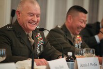 NEW YORK --  Lt. Gen. Dennis J. Hejlik, Commander of United States Marine Corps Forces Command, Fleet Marine Force Atlantic, United States Marine Corps Bases Atlantic, and United States Marine Corps Forces Europe, spoke on the role of the Marine Corps as it relates to the future of American security strategies, Feb. 14, at a roundtable discussion at the Council on Foreign Relations. Hejlik mentioned often that the Marine Corps' strength is as a pre-positioned Naval force-in-readiness not as a second land army. "We are light enough to get there quickly, but heavy enough to carry the day upon arrival...We are ready to respond whenever the nation calls, wherever the president may direct," he said. He also illustrated how the 20,000 Marines deployed to Afghanistan affect nearly a quarter of the Marine Corps with 20,000 Marines training to go to Afghanistan, 20,000 serving in country and another 20,000 redeploying back to garrison commands. Hejlik, a native of Garner, Iowa, had served as a Marine Corps fellow at the CFR earlier in his career. (Official Marine Corps photo by Sgt. Randall A. Clinton / RELEASED)