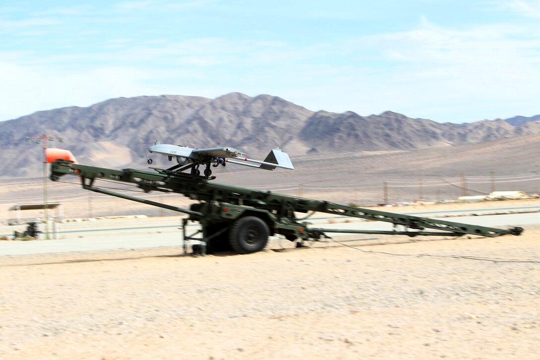 An RQ-7B Shadow Unmanned Aerial Vehicle is launched aboard the Combat Center in a test flight at the VMU-1 airfield Feb. 15, 2011.